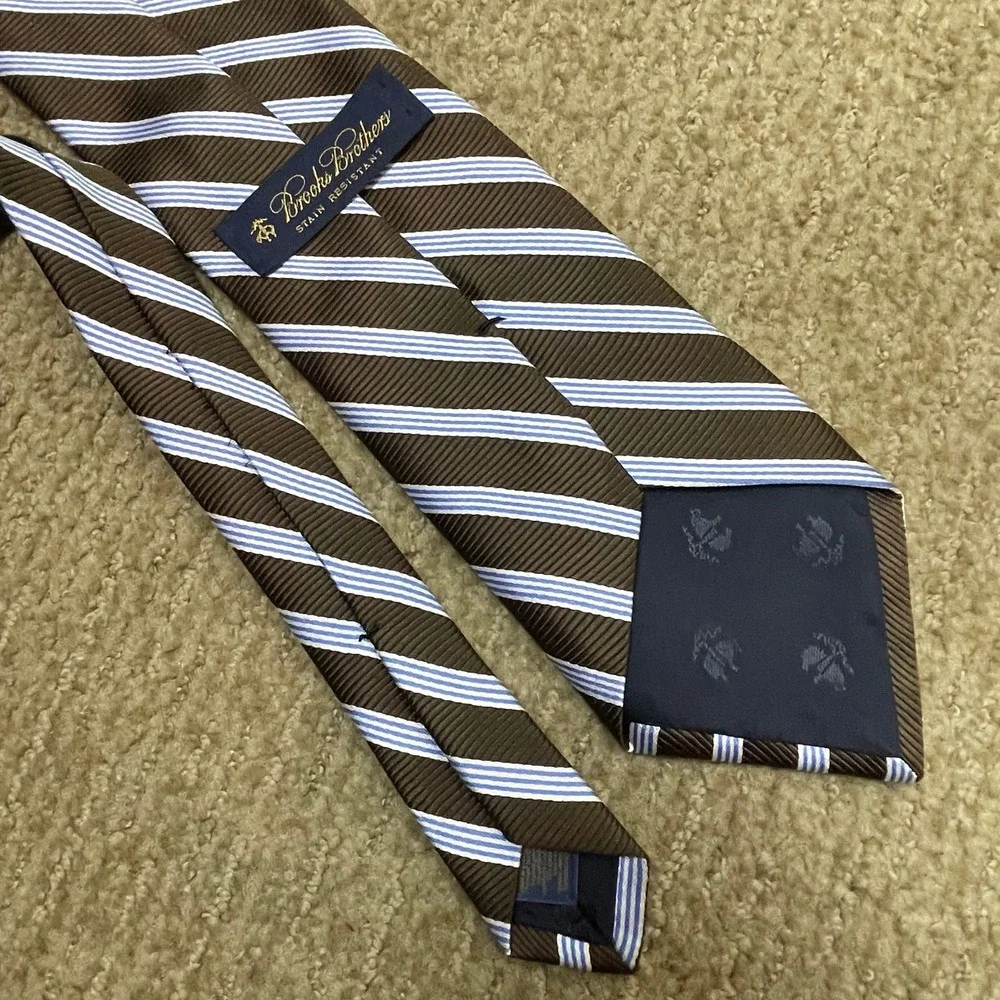 Brooks Brothers Men's Repp Tie Brown & Blue Striped Stain Resistant 100%‎ Silk